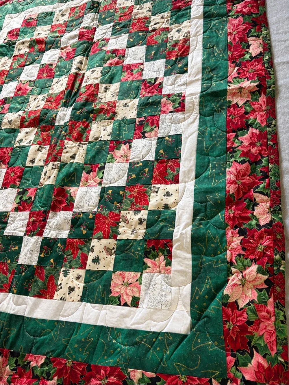 Handmade Holiday Patchwork Quilt - Red, Green, Cream